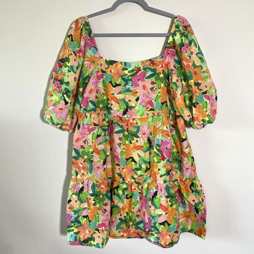 Sanctuary Anthropologie Tropical Print Puff Sleeve Lined Dress Linen Sz Medium - Picture 2 of 9